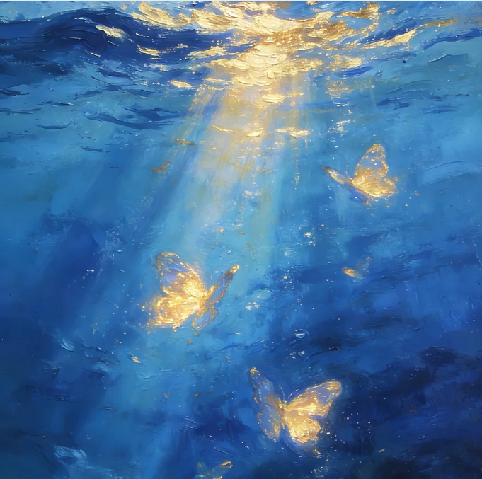 Glowing golden butterflies floating in deep blue water beneath rays of light