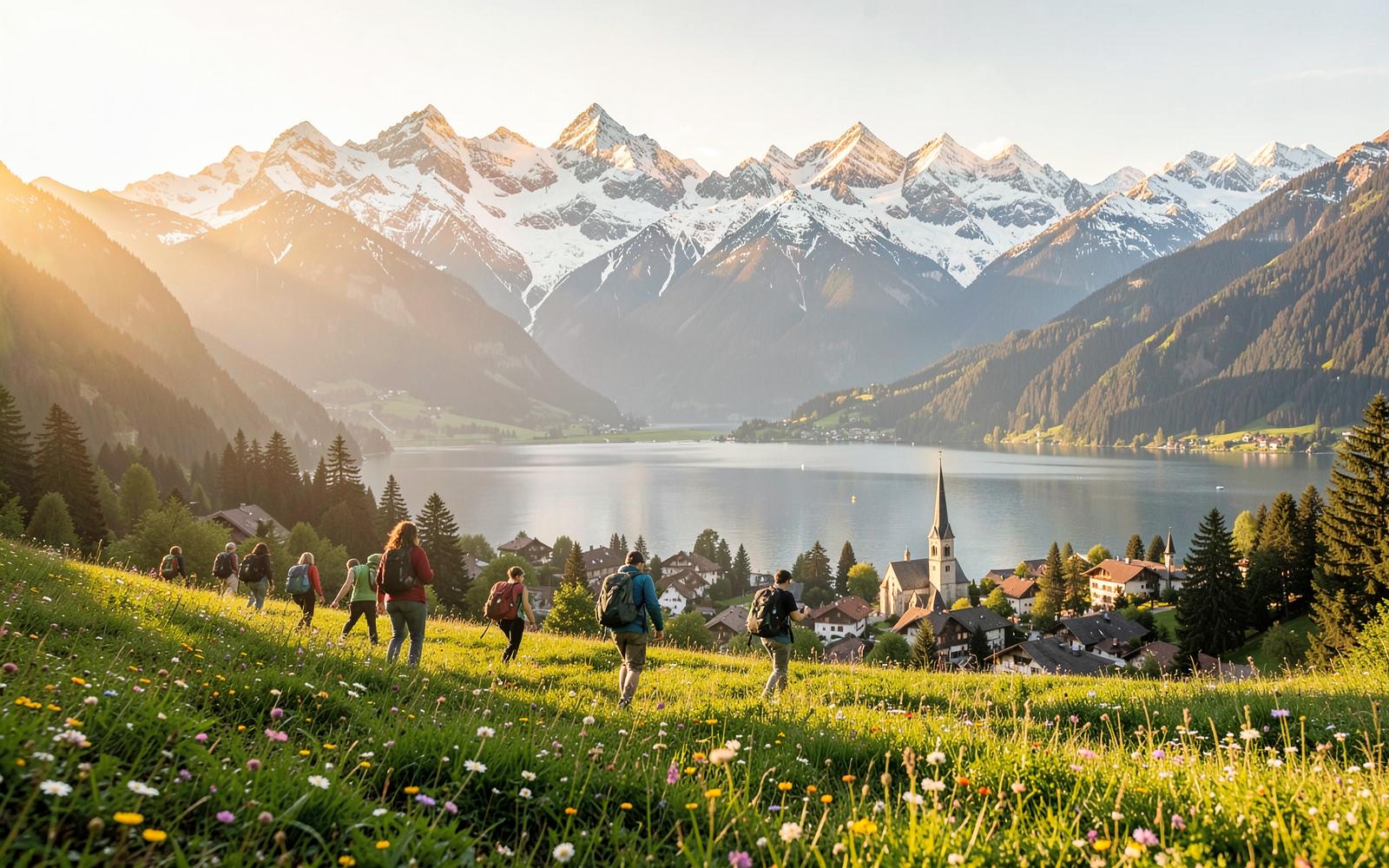 Hikers crossing a green Alpine meadow above Lake Geneva with snow-capped Swiss Alps peaks in the background