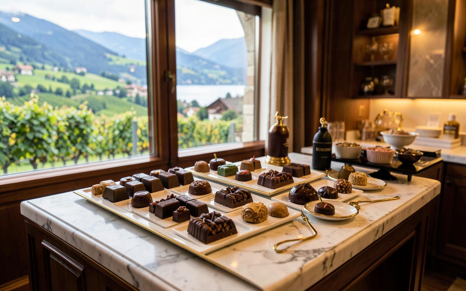 Artisan Swiss chocolates arranged on marble at a boutique overlooking vineyards and Lake Geneva