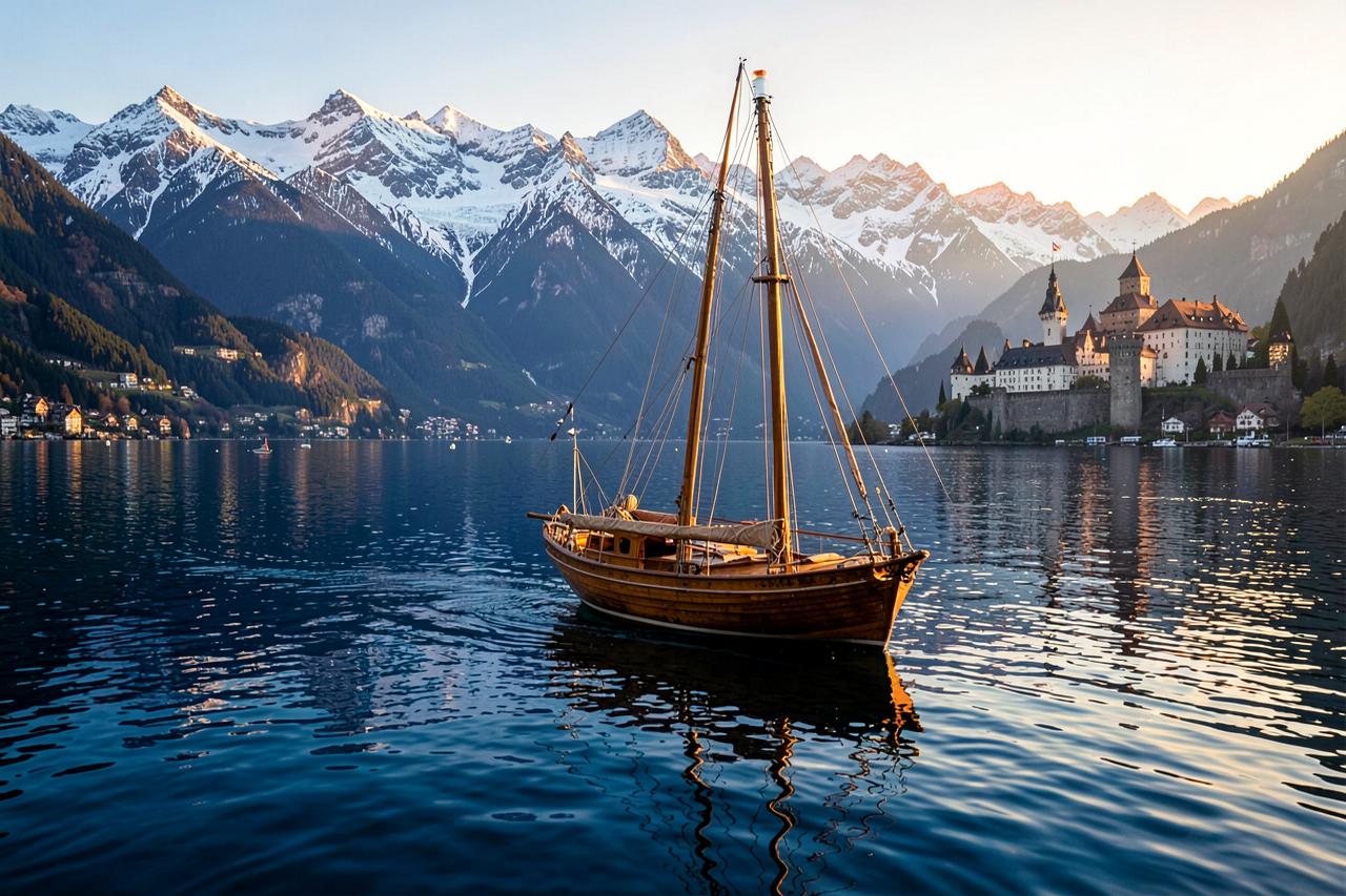 A wooden sailing boat crossing Lake Geneva at golden hour with the Alps rising behind it
