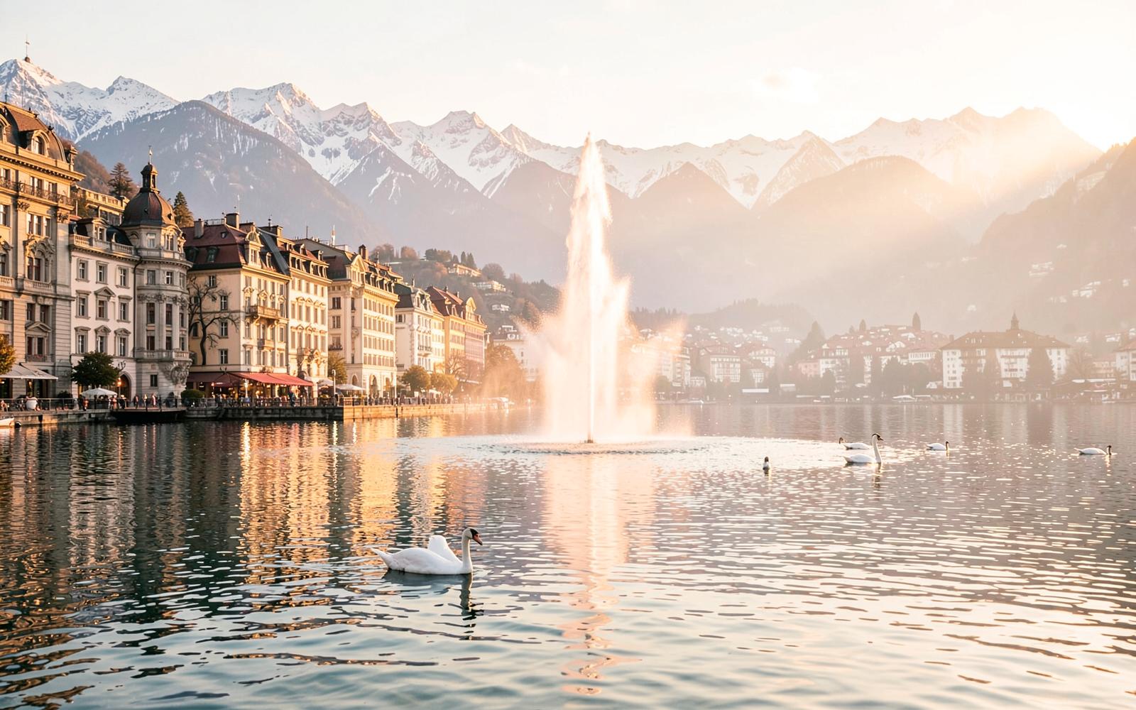 Lake Geneva at golden hour with the Jet d'Eau fountain, elegant lakeside hotels, swans, and the snow-capped Alps