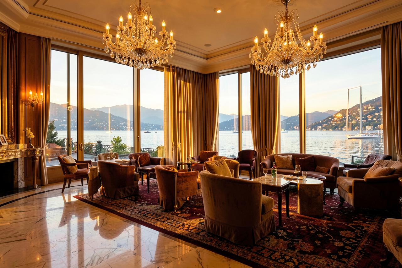 Opulent lounge inside the Ritz-Carlton Hotel de la Paix with chandeliers and lake-view windows