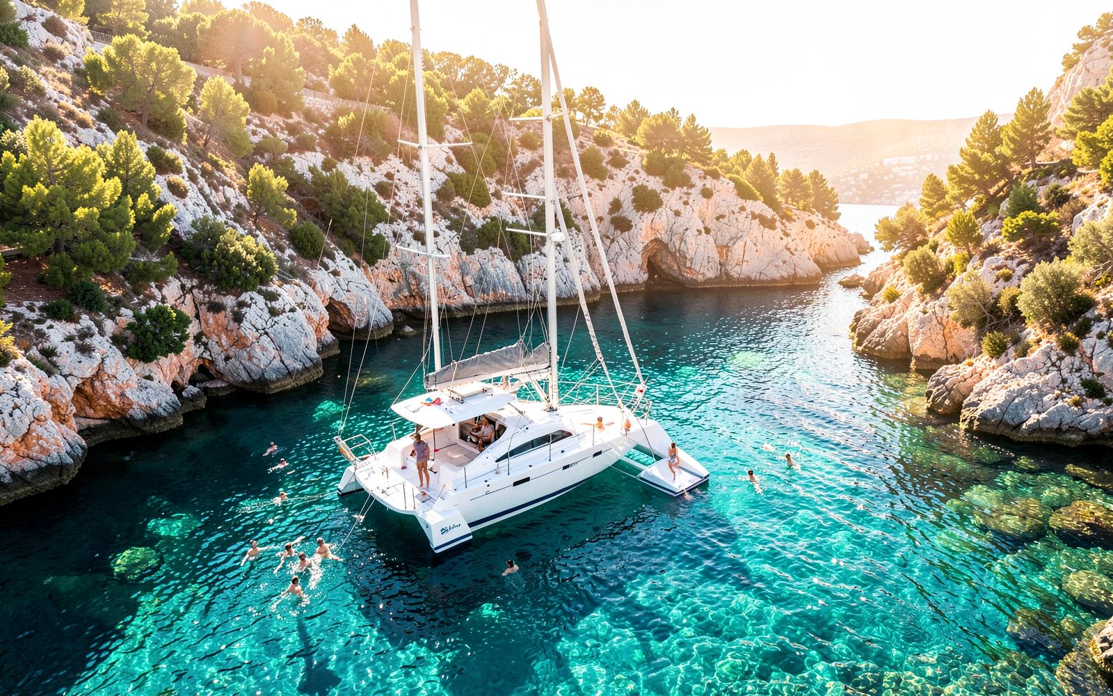 A private white catamaran anchored in a secluded turquoise cove in the Greek Ionian islands, with swimmers in crystal-clear water