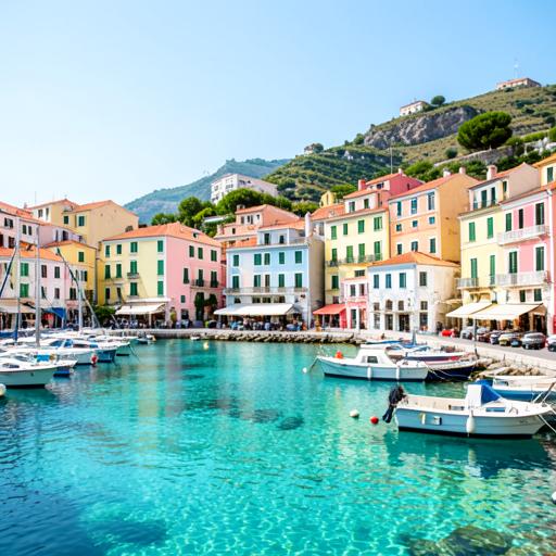 The colorful harbor village of Fiskardo on Kefalonia, with pastel houses, fishing boats, and clear turquoise water