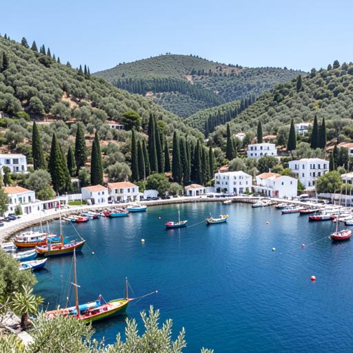 Vathy harbour on Ithaca surrounded by olive and cypress hills with fishing boats