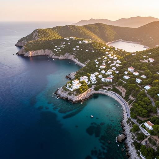 A lush Ionian island coastline with deep turquoise bays and natural greenery