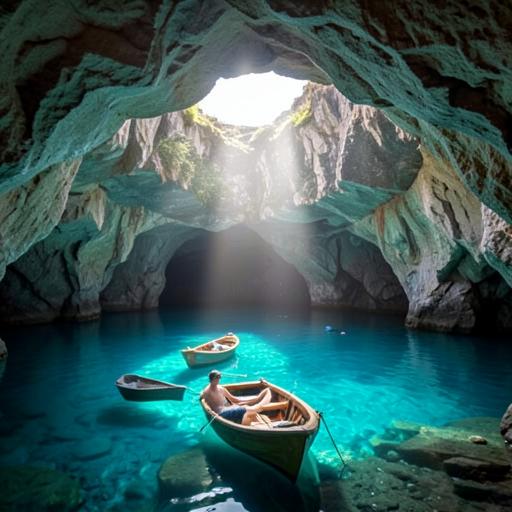 Melissani cave in Kefalonia with sunlight pouring through the roof onto a turquoise underground lake