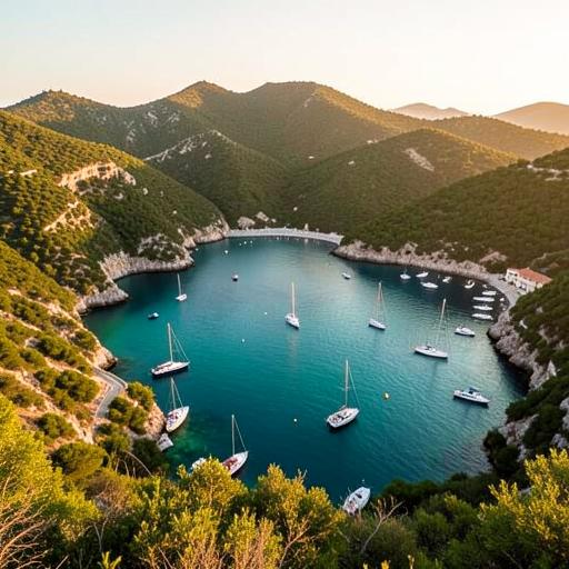 Sivota bay near Lefkada, a horseshoe-shaped sheltered bay with turquoise water