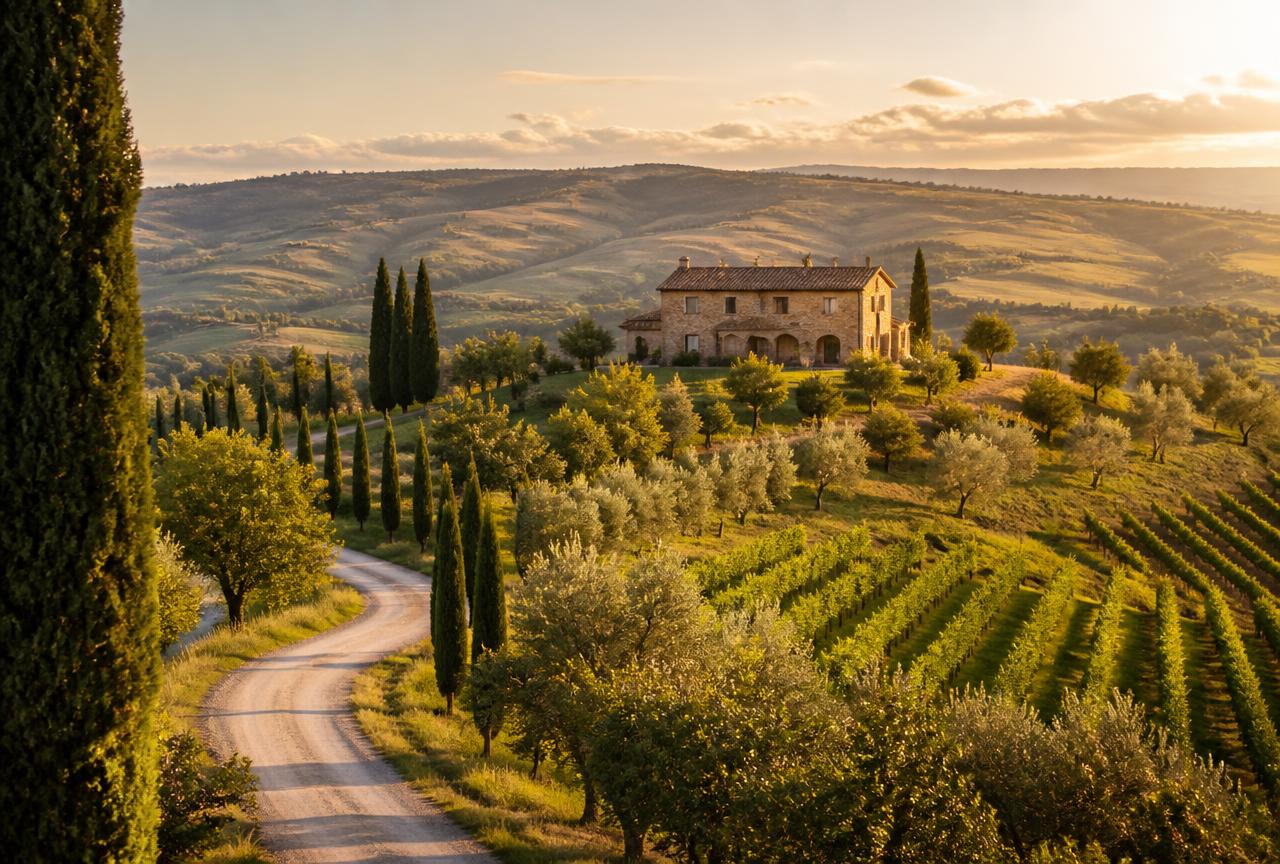 Tuscan hillside with cypress trees, stone farmhouses, and vineyards at golden hour