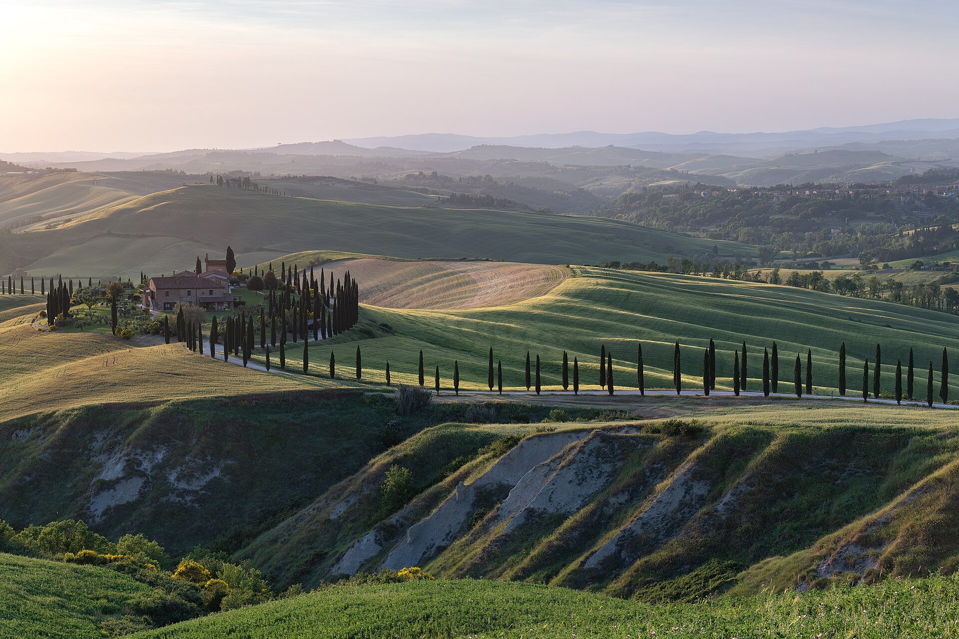 Tuscan hillside with cypress trees, stone farmhouses, and vineyards at golden hour